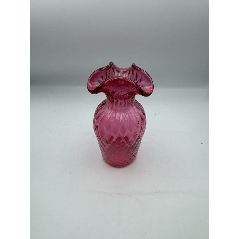 Vintage Hand Blown 8" Cranberry Glass Vase w/ Scalloped Rim & Diamond Pattern - Picture 3 of 14